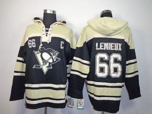 Penguins #66 Mario Lemieux Black Sawyer Hooded Sweatshirt Embroidered NHL Jersey