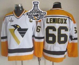 Penguins #66 Mario Lemieux White Yellow CCM Throwback 2016 Stanley Cup Champions Stitched NHL Jersey
