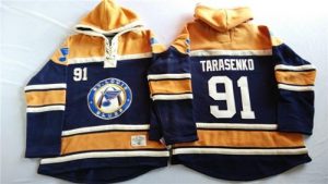 Blues #91 Vladimir Tarasenko Navy Blue Gold Sawyer Hooded Sweatshirt Stitched NHL Jersey
