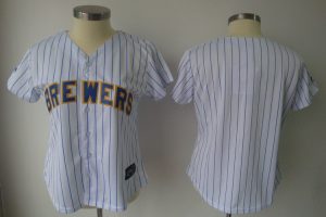 Brewers Blank White With Blue Strip Lady Fashion Stitched MLB Jersey