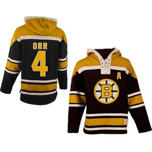 Bruins #4 Bobby Orr Black Sawyer Hooded Sweatshirt Embroidered NHL Jersey