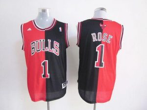 Bulls #1 Derrick Rose Black Red Split Fashion Embroidered NBA Jersey