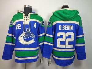 Canucks #22 Daniel Sedin Blue Sawyer Hooded Sweatshirt Embroidered NHL Jersey