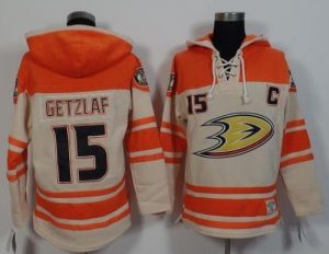 Ducks #15 Ryan Getzlaf Cream Orange Sawyer Hooded Sweatshirt Stitched NHL Jersey