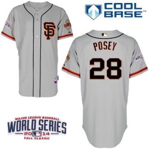 Giants #28 Buster Posey Grey Cool Base Road 2 W 2014 World Series Patch Stitched MLB Jersey