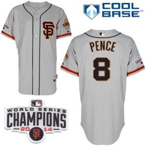 Giants #8 Hunter Pence Grey Road 2 Cool Base W 2014 World Series Champions Patch Stitched MLB Jersey