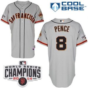 Giants #8 Hunter Pence Grey Road Cool Base W 2014 World Series Champions Patch Stitched MLB Jersey