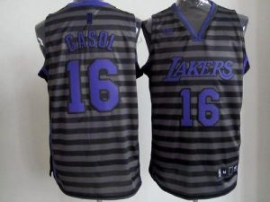 Lakers #16 Pau Gasol Black Grey Groove Embroidered NBA Jersey