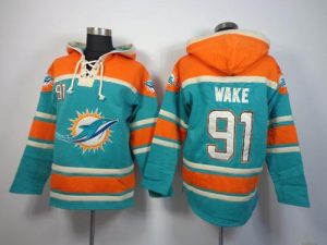 Miami Dolphins #91 Cameron Wake Aqua Green Sawyer Hooded Sweatshirt NFL Hoodie