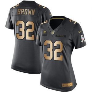Nike Browns #32 Jim Brown Black Women's Stitched NFL Limited Gold Salute to Service Jersey