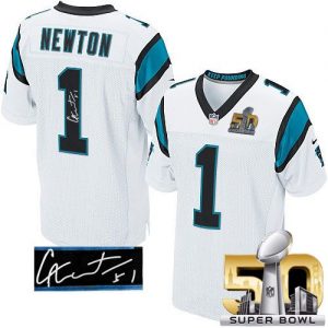 Nike Panthers #1 Cam Newton White Super Bowl 50 Men's Stitched NFL Elite Autographed Jersey