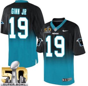 Nike Panthers #19 Ted Ginn Jr Black Blue Super Bowl 50 Men's Stitched NFL Elite Fadeaway Fashion Jersey