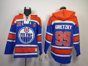 Oilers #99 Wayne Gretzky Light Blue Sawyer Hooded Sweatshirt Embroidered NHL Jersey