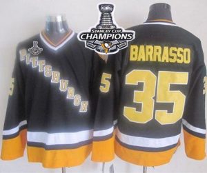 Penguins #35 Tom Barrasso Black Yellow CCM Throwback 2016 Stanley Cup Champions Stitched NHL Jersey