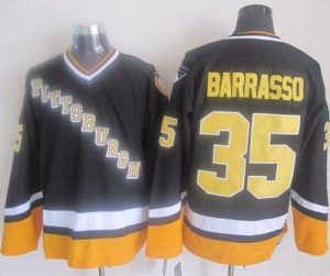 Penguins #35 Tom Barrasso Black Yellow CCM Throwback Stitched NHL Jersey