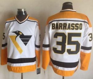 Penguins #35 Tom Barrasso White Yellow CCM Throwback Stitched NHL Jersey