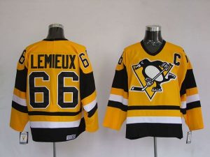 Penguins #66 Mario Lemieux Embroidered Yellow Mitchell&Ness NHL Jersey