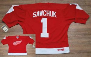Red Wings #1 Terry Sawchuk Embroidered Red CCM Throwback NHL Jersey