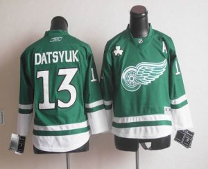 Red Wings St Patty's Day #13 Pavel Datsyuk Green Embroidered Youth NHL Jersey