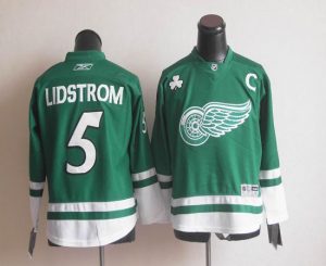 Red Wings St Patty's Day #5 Nicklas Lidstrom Green Embroidered Youth NHL Jersey
