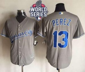 Royals #13 Salvador Perez New Grey Cool Base W 2015 World Series Patch Stitched MLB Jersey