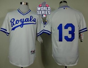 Royals #13 Salvador Perez White 1974 Turn Back The Clock W 2015 World Series Patch Stitched MLB Jersey