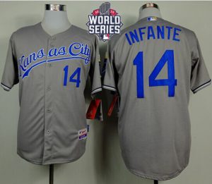 Royals #14 Omar Infante Grey Cool Base W 2015 World Series Patch Stitched MLB Jersey