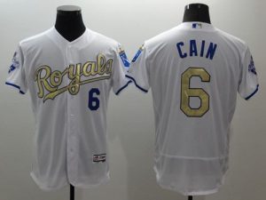Royals #6 Lorenzo Cain White 2015 World Series Champions Gold Program FlexBase Authentic Stitched MLB Jersey