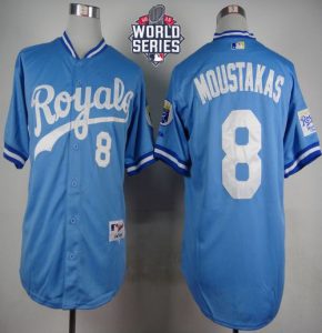 Royals #8 Mike Moustakas Light Blue 1985 Turn Back The Clock W 2015 World Series Patch Stitched MLB Jersey