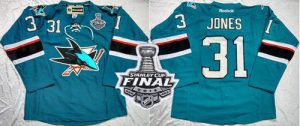 Sharks #31 Martin Jones Teal Home 2016 Stanley Cup Final Patch Stitched NHL Jersey