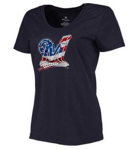 Women's Milwaukee Brewers USA Flag Fashion T-Shirt Navy Blue