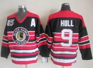 Blackhawks #9 Bobby Hull Red Black 75TH CCM Embroidered NHL Jersey