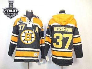 Bruins Stanley Cup Finals Patch #37 Patrice Bergeron Black Sawyer Hooded Sweatshirt Embroidered NHL Jersey