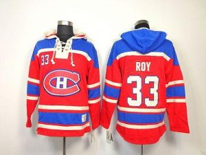 Canadiens #33 Patrick Roy Red Sawyer Hooded Sweatshirt Embroidered NHL Jersey