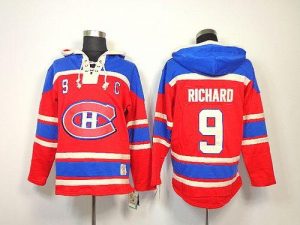Canadiens #9 Maurice Richard Red Sawyer Hooded Sweatshirt Embroidered NHL Jersey