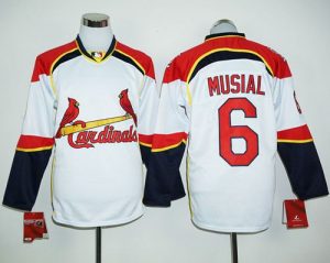 Cardinals #6 Stan Musial White Red Long Sleeve Stitched MLB Jersey