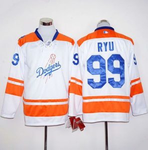 Dodgers #99 Hyun-Jin Ryu White Orange Long Sleeve Stitched MLB Jersey