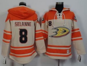 Ducks #8 Teemu Selanne Cream Orange Sawyer Hooded Sweatshirt Stitched NHL Jersey