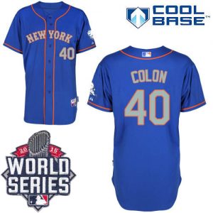 Mets #40 Bartolo Colon Blue(Grey NO.) Alternate Road Cool Base W 2015 World Series Patch Stitched MLB Jersey