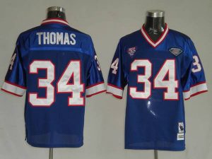 Mitchell & Ness Bills #34 Thurman Thomas Blue 35th Anniversary Patch Stitched Throwback NFL Jersey