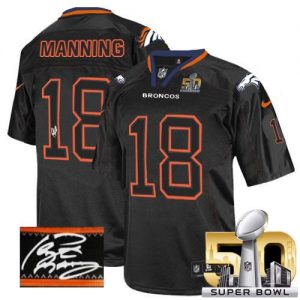 Nike Broncos #18 Peyton Manning Lights Out Black Super Bowl 50 Men's Stitched NFL Elite Autographed Jersey