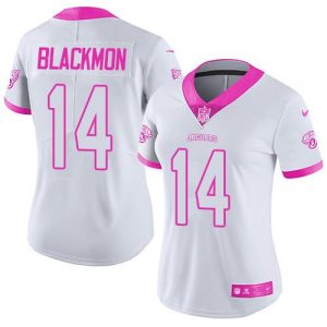 Nike Jaguars #14 Justin Blackmon White Pink Women's Stitched NFL Limited Rush Fashion Jersey