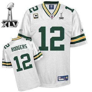 Packers #12 Aaron Rodgers White With Super Bowl XLV and C patch Embroidered NFL Jersey