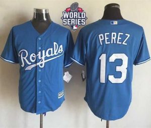 Royals #13 Salvador Perez Light Blue Alternate 1 New Cool Base W 2015 World Series Patch Stitched MLB Jersey