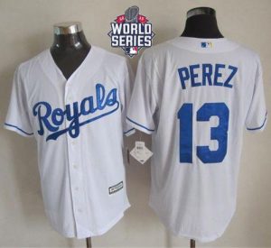 Royals #13 Salvador Perez White New Cool Base W 2015 World Series Patch Stitched MLB Jersey