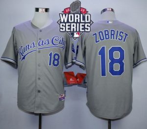 Royals #18 Ben Zobrist Grey Cool Base W 2015 World Series Patch Stitched MLB Jersey
