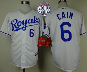 Royals #6 Lorenzo Cain White Cool Base W 2015 World Series Patch Stitched MLB Jersey