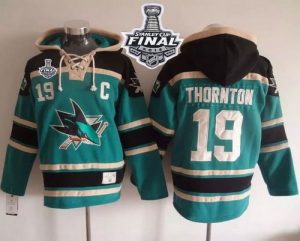 Sharks #19 Joe Thornton Teal Sawyer Hooded Sweatshirt 2016 Stanley Cup Final Patch Stitched NHL Jersey