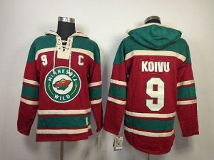 Wild #9 Mikko Koivu Red Sawyer Hooded Sweatshirt Embroidered NHL Jersey