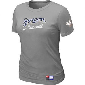 Women's Milwaukee Brewers Nike Short Sleeve Practice MLB T-Shirts Light Grey